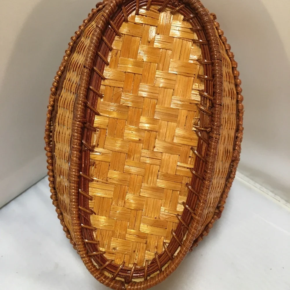 Woven Wicker Basket Home Decor Small Brown Two Tone Oval Handle Farmhouse